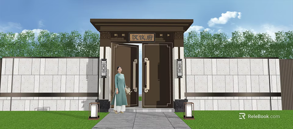 Traditional Chinese Style Entrance Gate With Stone Wall And Lanterns 3d model 