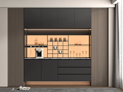 Modern Dark Sideboard Cabinet With Wooden Panels Orange Lighting And Glass Display Shelves 3d model