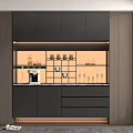 Modern Dark Sideboard Cabinet With Wooden Panels Orange Lighting And Glass Display Shelves