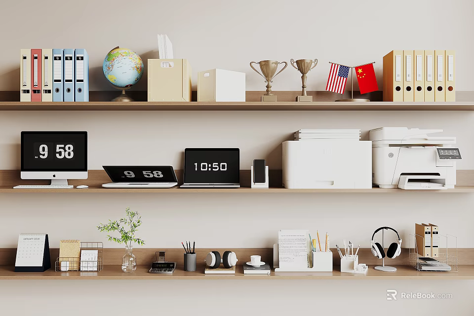 Office Shelves With Folders Globe Trophies Flags Printer Laptop And Stationery 3d model 