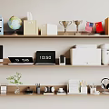 Office Shelves With Folders Globe Trophies Flags Printer Laptop And Stationery