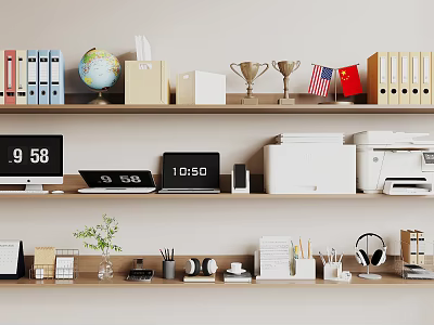 Office Shelves With Folders Globe Trophies Flags Printer Laptop And Stationery 3d model