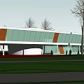 Modern Architectural Structure With Curved Glass Facade And Surrounding Trees On Green Lawn
