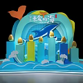 Scenic Deep Blue Mountain Sea Themed Photo Spot with Waves Colorful Columns and Seagull Decor