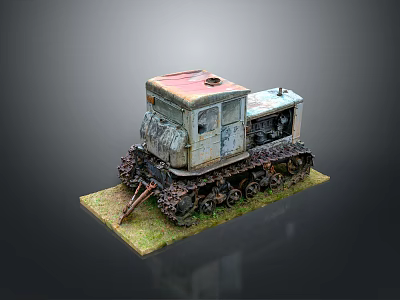 Old Rusty Tracked Vehicle Model With Weathered Surface On Green Base 3d model