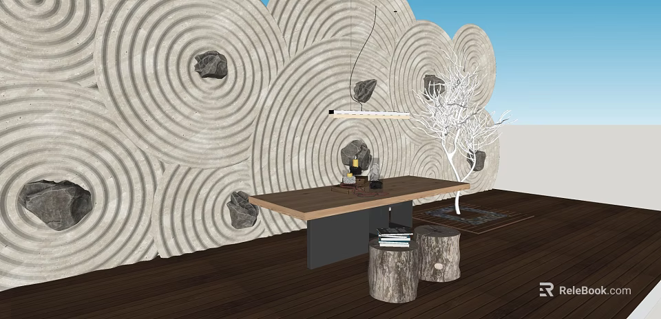Dining Table Set With Stump Stools Circular Pattern Wall Hanging Light And White Tree 3d model 