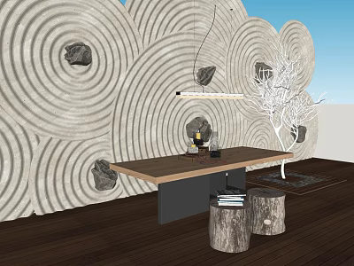Dining Table Set With Stump Stools Circular Pattern Wall Hanging Light And White Tree 3d model