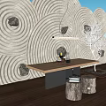 Dining Table Set With Stump Stools Circular Pattern Wall Hanging Light And White Tree