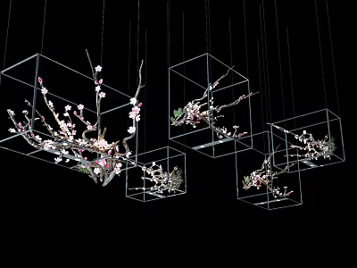 Transparent Cube Shaped Chandelier Featuring Pink Flower Branches Hanging in Black Background 3d model