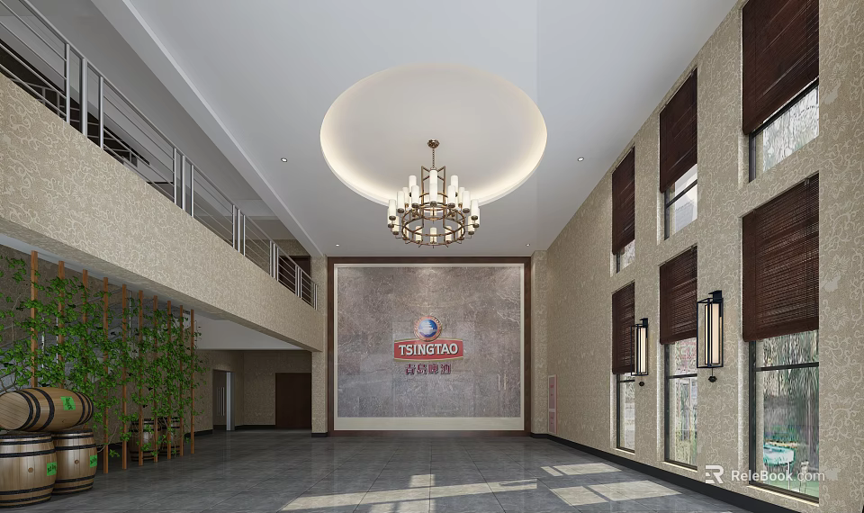 Front Desk Reception Area In Modern Lobby With Marble Wall Chandelier Green Plants And Windows 3d model 