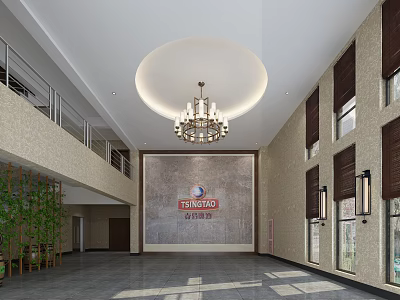 Front Desk Reception Area In Modern Lobby With Marble Wall Chandelier Green Plants And Windows 3d model