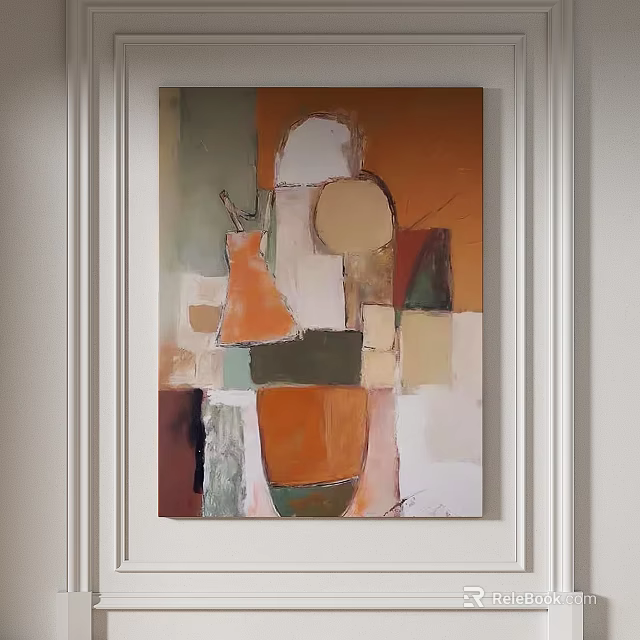 Abstract Painting In Orange Green Beige Brown Tones With Geometric Shapes Circular Forms Square Sections 3d model 