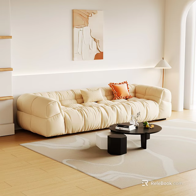 Modern Beige Sectional Sofa Tufted Design With Accent Pillows Coffee Table Rug In Living Room 3d model 