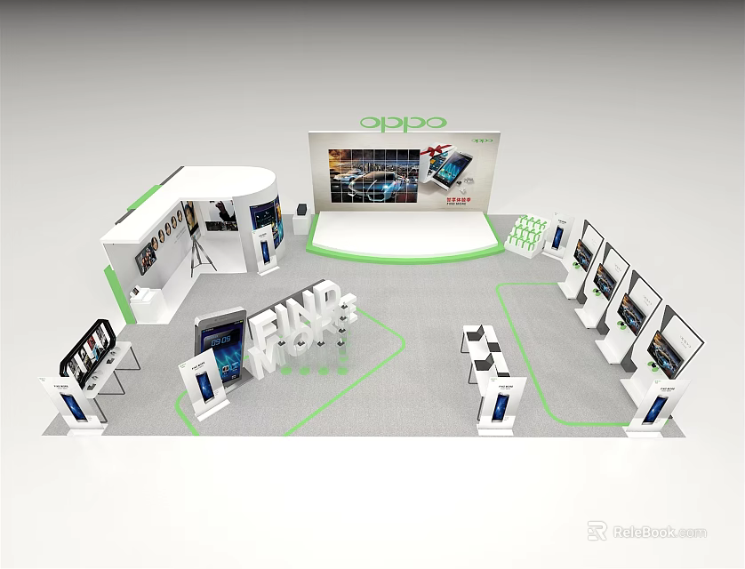 OPPO Exhibition Booth With Display Screens Product Showcases And Green Accent Lines 3d model 