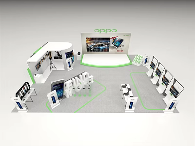OPPO Exhibition Booth With Display Screens Product Showcases And Green Accent Lines 3d model