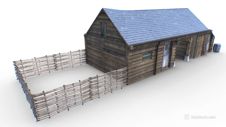 Rustic Wooden Cabin with Blue Roof and Surrounding Wooden Fence Exterior 3d model 