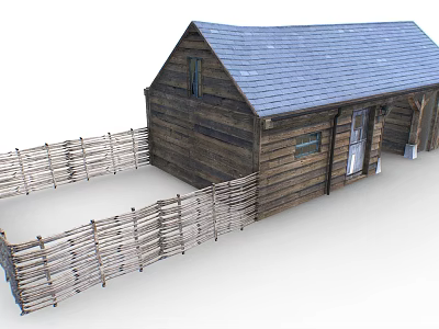 Rustic Wooden Cabin with Blue Roof and Surrounding Wooden Fence Exterior 3d model
