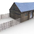 Rustic Wooden Cabin with Blue Roof and Surrounding Wooden Fence Exterior