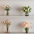 Beautiful Home Flower Arrangements in Different Vases on White Shelves