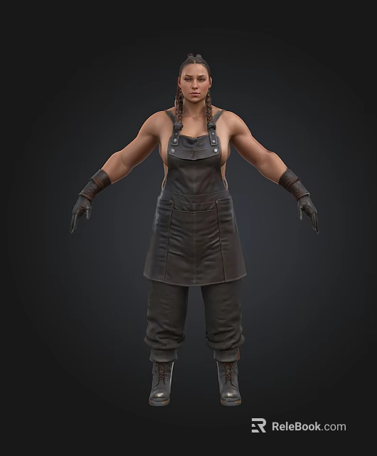 Detailed 3D Character Model In Black Overalls No Shirt And Gloves On Dark Background 3d model 