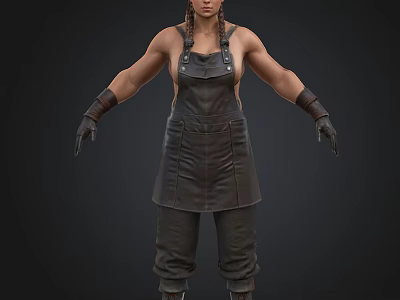 Detailed 3D Character Model In Black Overalls No Shirt And Gloves On Dark Background 3d model