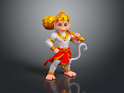 3D Hanuman Character Model With Golden Crown Red Sash White Body And Staff 3d model