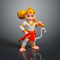 3D Hanuman Character Model With Golden Crown Red Sash White Body And Staff