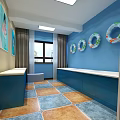 Modern Retail Store Interior With Shelves Products Blue Walls And Tile Floor