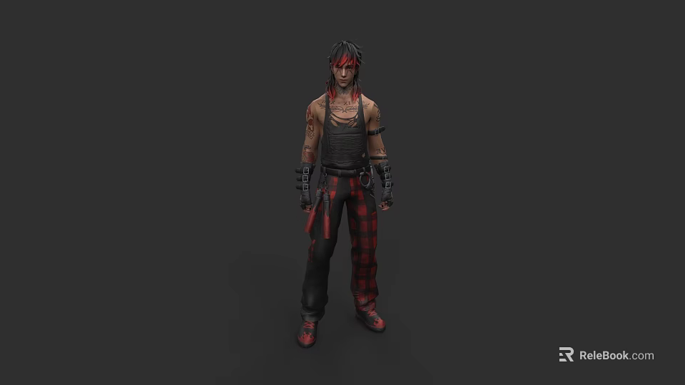 Model With Red And Black Hair In Sleeveless Top And Plaid Pants 3d model 