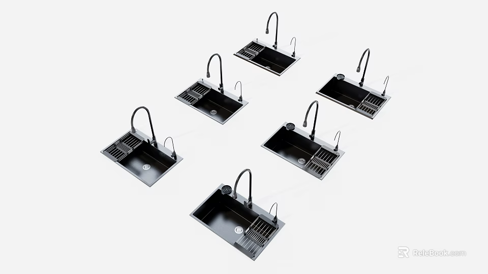 Black Kitchen Sink With Faucet And Drainer Rack Multiple Designs For Modern Kitchen 3d model