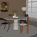 Marble Round Dining Table Set With Pedestal Base Mixed Style Chairs Artwork Lamp And Plants