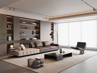 Modern Italian Living Room High-end Grey Living Room Italian Light Luxury Living Room Sofa Combination Leather Sofa Multi-person Sofa Leisure Chair Italian Coffee Table Bookcase Dreamy Curtain 3d model