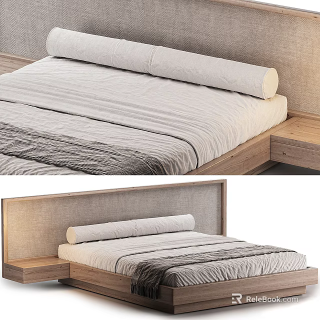 Cozy Double Bed Background Interior With Wooden Frame Striped Bedding And Linen Headboard 3d model 