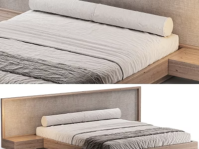 Cozy Double Bed Background Interior With Wooden Frame Striped Bedding And Linen Headboard 3d model