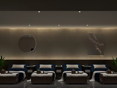 Luxury SPA Sauna Interior Design With Relaxing Massage Beds Soft Lighting And Green Plants 3d model