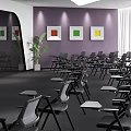 Modern Conference Room With Purple Walls Colorful Paintings White Curtains And Black Chairs