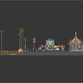 Cartoon Scene of Traditional Temple with Colorful Stalls Green Grass and Palm Trees