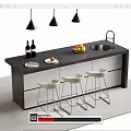 Modern Bar Counter With White Bar Stools Hanging Lights Fruits And Wine Bottles