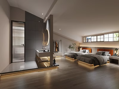 Modern Hotel Room Interior With Double Beds Wooden Floor And Recessed Lighting 3d model