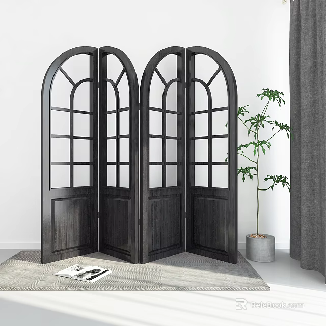 Black Arched Wooden Room Divider With Glass Panes And Potted Plant In Modern Interior 3d model 