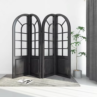 Black Arched Wooden Room Divider With Glass Panes And Potted Plant In Modern Interior 3d model