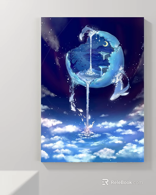 Abstract Painting with Earth Moon Waterfall Whales and Cloudy Night Sky 3d model 