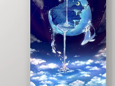 Abstract Painting with Earth Moon Waterfall Whales and Cloudy Night Sky 3d model