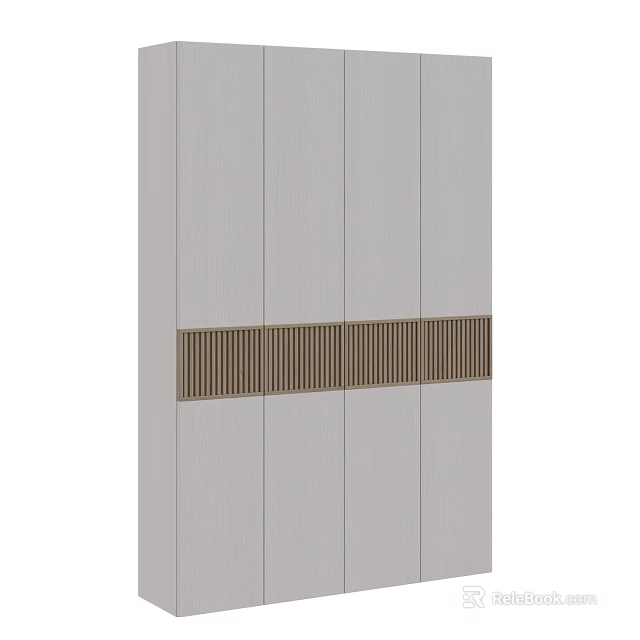 Modern Light Gray Wooden Wardrobe With Panel Doors And Brown Grille Accent 3d model 
