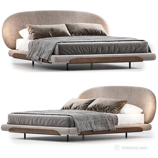 Modern Double Bed With Curved Upholstered Headboard And Plush Gray Throw Blanket 3d model 