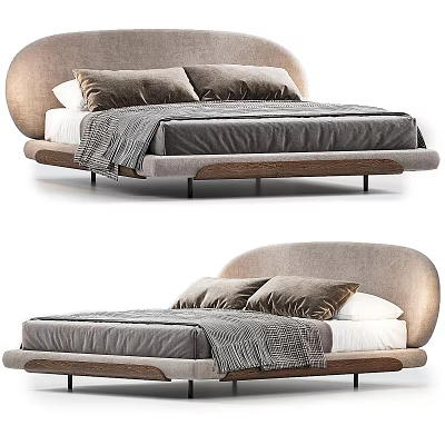 Modern Double Bed With Curved Upholstered Headboard And Plush Gray Throw Blanket 3d model