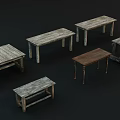 Assorted Vintage Wooden Tables with Various Distressed Finishes and Styles