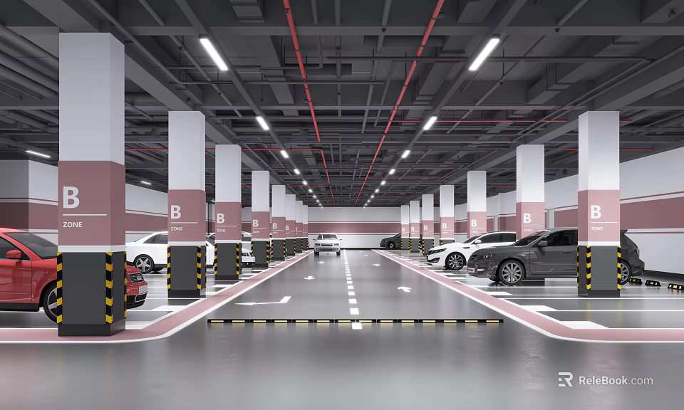 Indoor Parking Garage With White Pillars Marked B Parking Lines Parked Cars And Ceiling Lights 3d model 