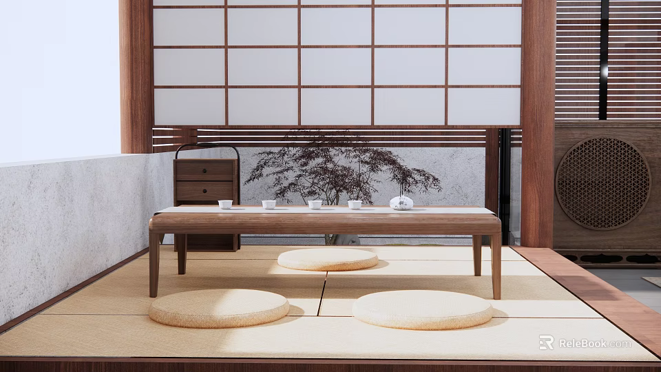Traditional Japanese Tea Room Interior With Tatami Mats Wooden Table And Floor Cushions 3d model 