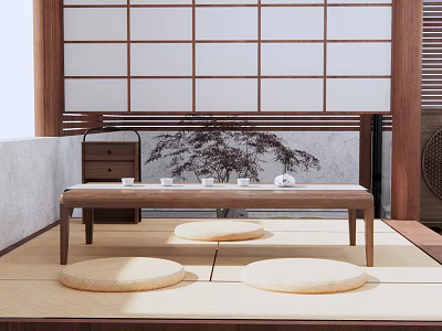 Traditional Japanese Tea Room Interior With Tatami Mats Wooden Table And Floor Cushions 3d model